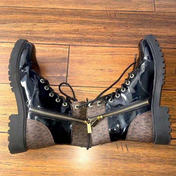 combat boots lace up monogram boots Michael Kors boots chunky boot Glossy black - Picture 1 of 13